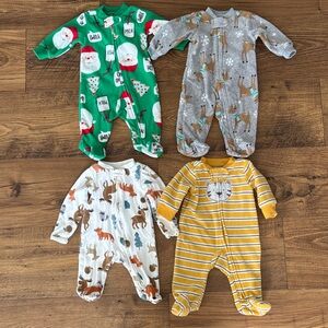 Bundle of newborn baby sleeper footie pajamas, fall/winter, fleece and cotton